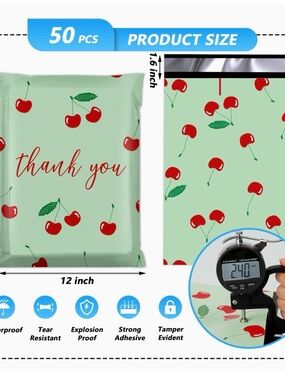50 12x15.5 inch Thank You polymailers Pack - Cherry Print Green